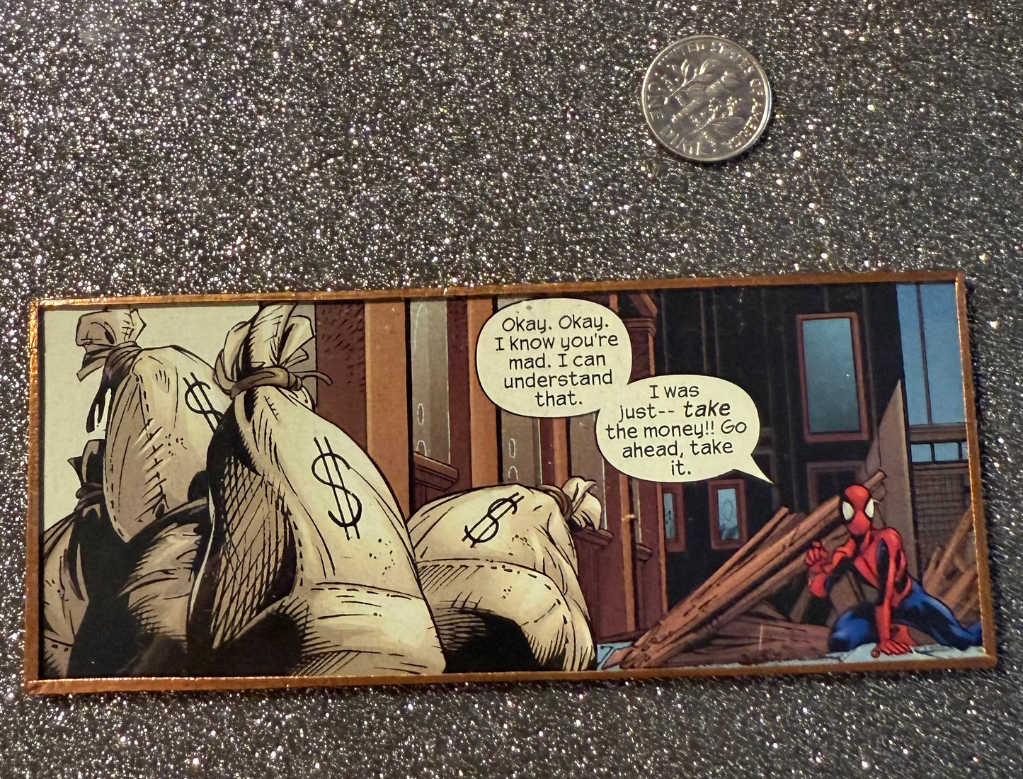 Spidey "take the money!!" hand cut glass magnet