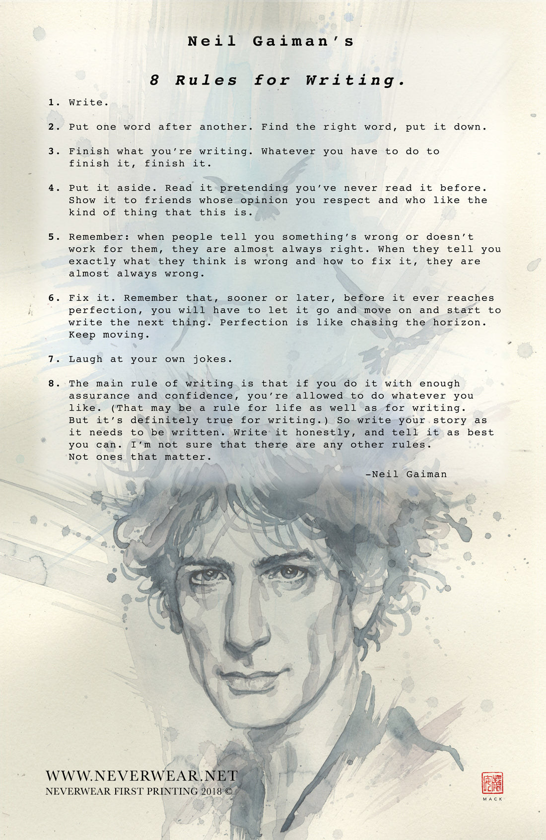 BRAND NEW!! David Mack illustrates Neil's 8 Rules for Writing. (pre-sale!)