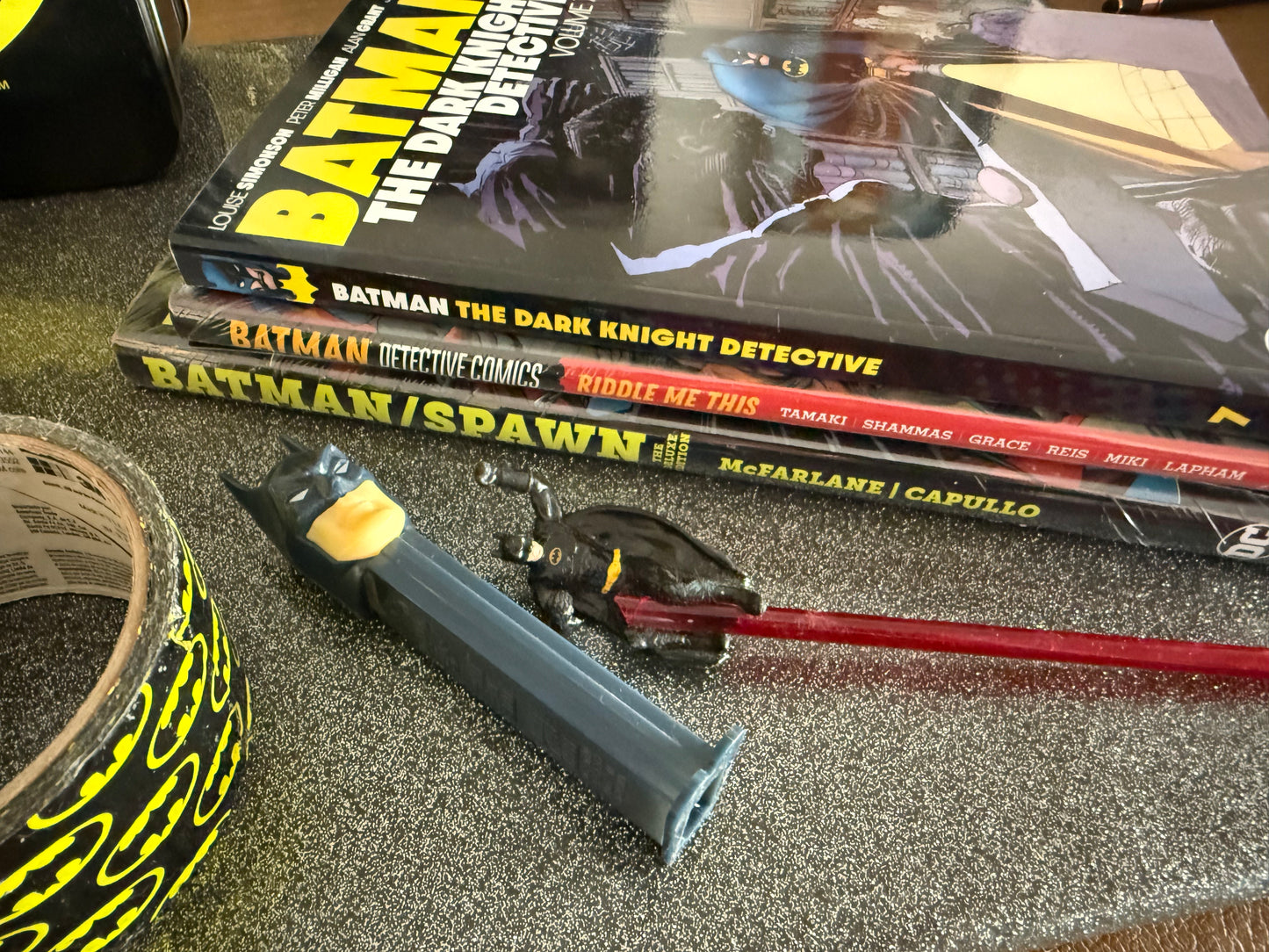 BATMAN GALORE!! 8 piece lot! 3 graphic novels, lunchbox, Batmobile, Batty + more