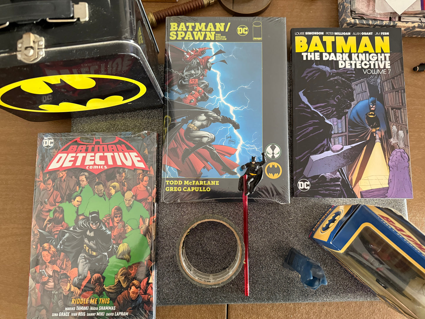 BATMAN GALORE!! 8 piece lot! 3 graphic novels, lunchbox, Batmobile, Batty + more