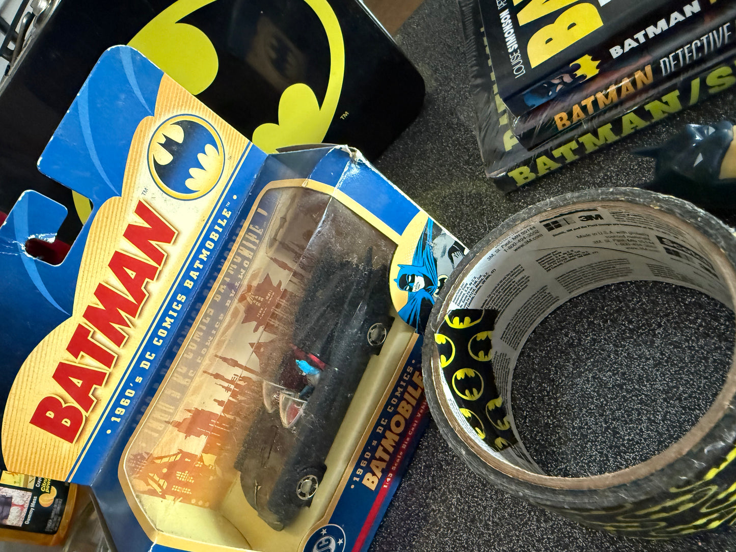 BATMAN GALORE!! 8 piece lot! 3 graphic novels, lunchbox, Batmobile, Batty + more