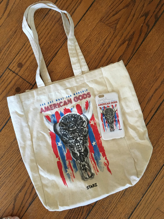 RARE! American Gods/Starz promo tote bag + signed-by-Neil phone case