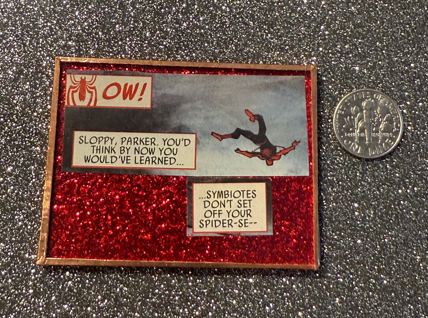 Red glitter Spiderman "OW!" handmade magnet